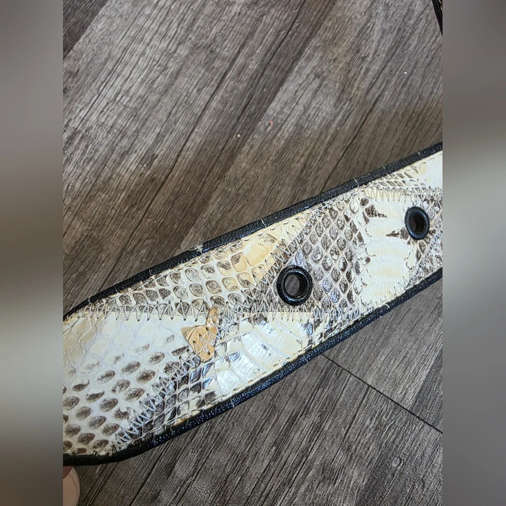 Artisan White and Brown Snakeskin Leather Belt with Oval Buckle